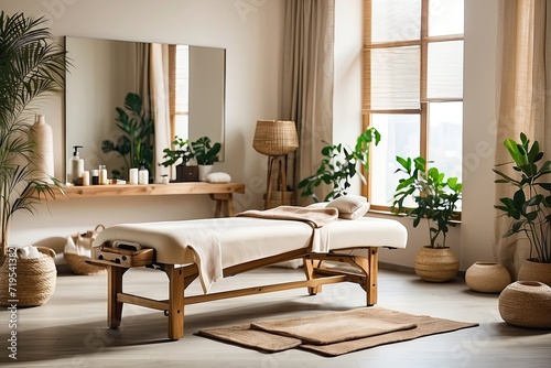 The interior of the massage room in eco-style and beige tones with natural fabrics and materials  Potted plants. Rolled towels on the massage table  candles  relaxing atmosphere