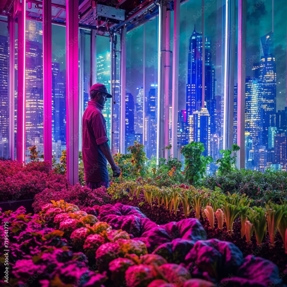 Futuristic Urban Farmer Overlooking a High-Tech Cityscape. Suitable for themes on urban agriculture, sustainability, and future cities Futuristic Urban Farmer Overlooking a High-Tech Cityscape. Suitable for themes on urban agriculture, sustainability, and future cities