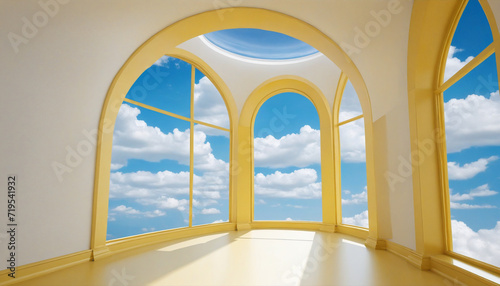 Abstract background with blue sky and white clouds inside arch windows on yellow wall