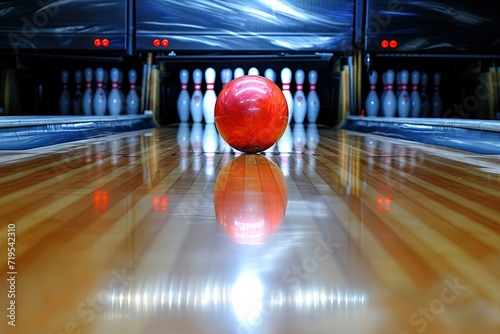Bowling ball on bowling alley line.