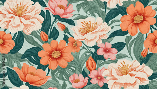 Floral art seamless pattern design. Colorful vintage nature background with retro painting texture. Spring season inspired illustration.