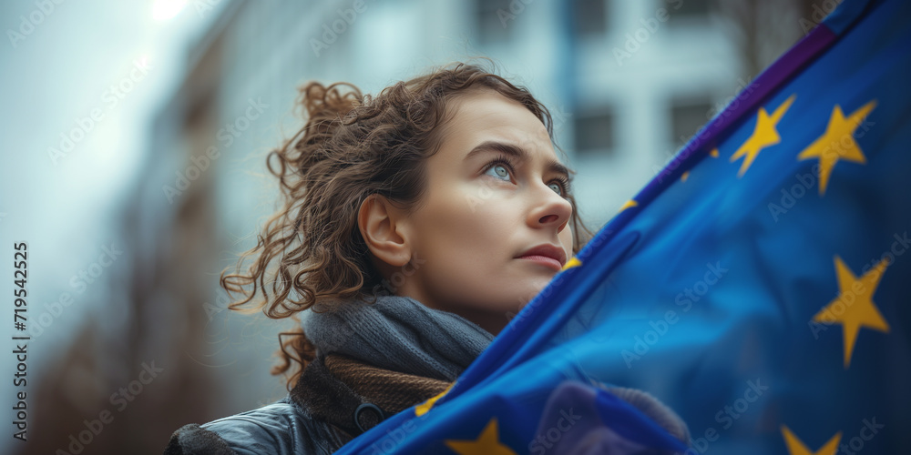 Frau mit europäischer Flagge - obrazy, fototapety, plakaty 