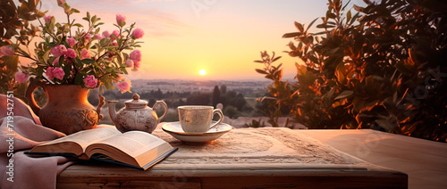 Morning landscape overlooking a lush valley and traditional tea service on a wooden table with white tablecloth, roses in bloom, and sunrise in the background. Travel, home comfort, relaxation photo