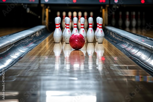 Bowling ball on bowling alley line.