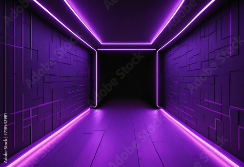 Vibrant Neon Illuminated Abstract Environment with Glowing Violet Lights. LED Technology and Laser Lines in Darkened Room for Cyber Club Stage Setting.