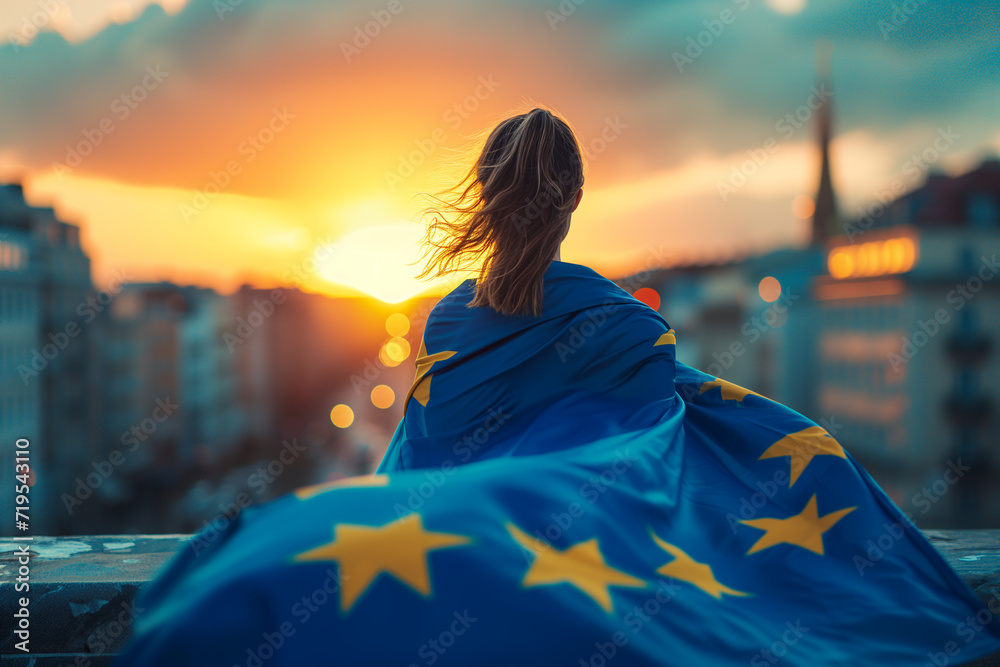 Frau mit europäischer Flagge - obrazy, fototapety, plakaty 