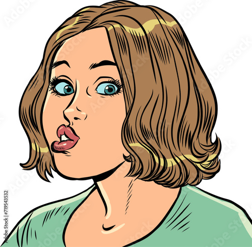 An unexpected advantageous offer for store customers. Announcement of new news and statements. The girl looks in amazement and says something.