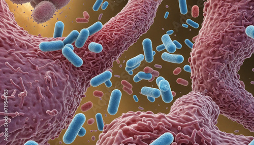 Concept of microscopic microbiome view of bacteria culture in the gut, healthy microorganisms, pathogen and cells macro shot, colorful biology and virology background photo