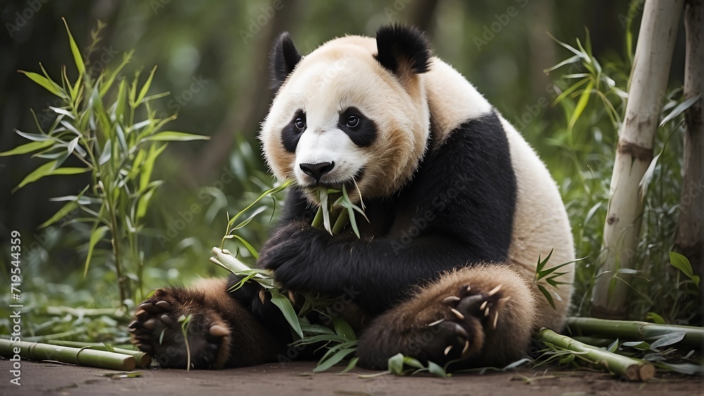 Obraz premium A panda chewing on bamboo, generative ai