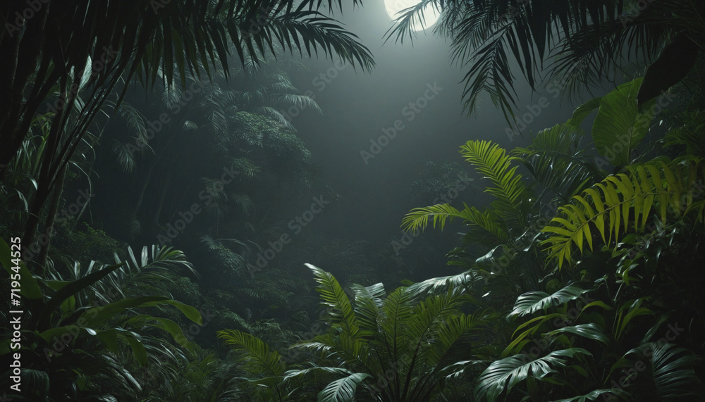 Tropical rainforest mysterious, dark, green, illuminated by moonlight generated by AI