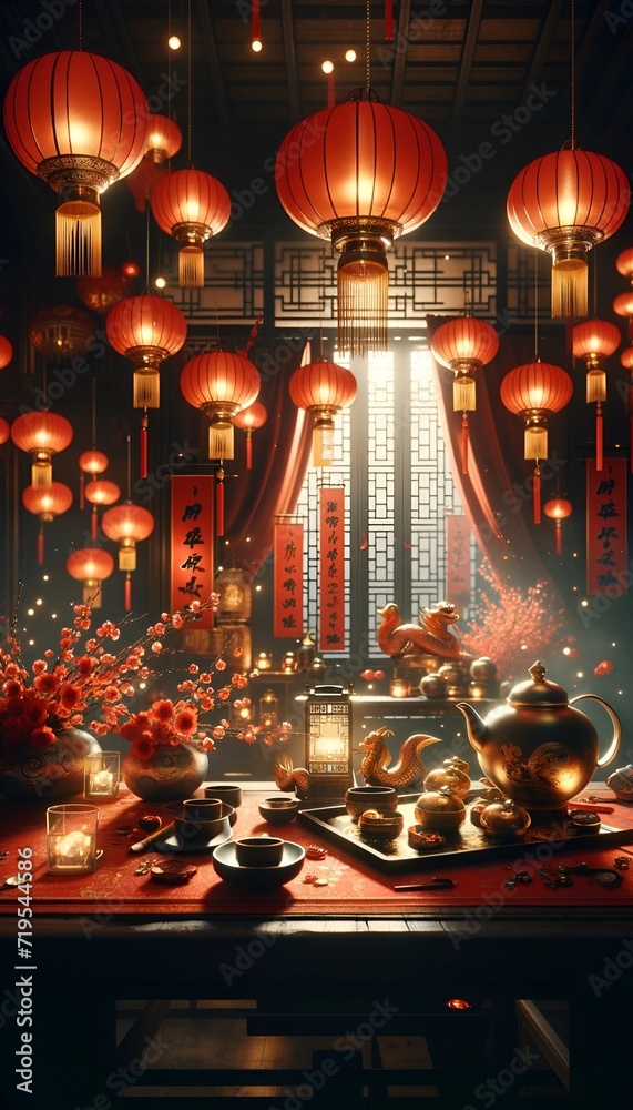 Lunar new year celebration background with beautiful decorated room.