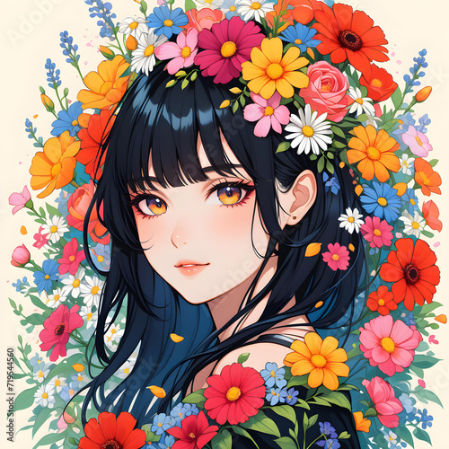 An ai generated image that clearly depicts a woman with black hair, surrounded by flowers