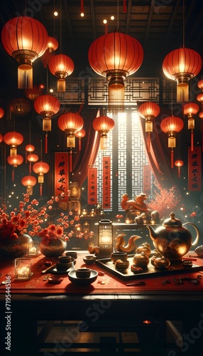 Lunar new year celebration background with beautiful decorated room. © Milano