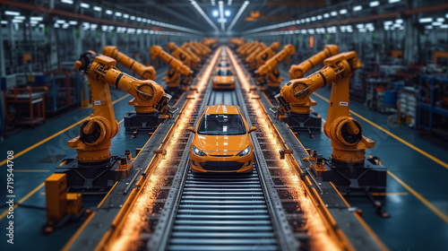 Automated Robot Arm Assembly Line Manufacturing Advanced High-Tech Green Energy Electric Vehicles. Construction, Building, Welding Industrial Production Conveyor.