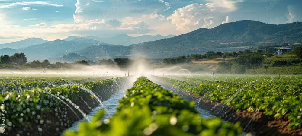 Watering of wheat, rye or corn green seedlings in a vast field. Modern automated agriculture system with irrigation sprinklers spraying water over lush crops on beautiful sky background. - obrazy, fototapety, plakaty 
