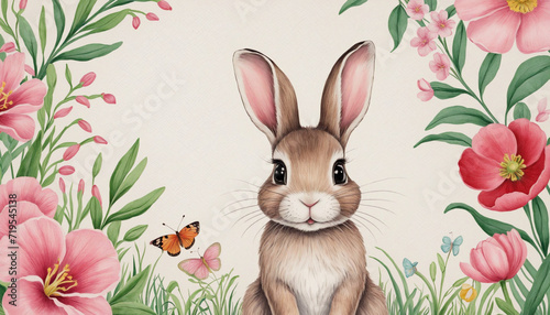 Whimsical Easter Bunny Greeting Card with Floral Decorations
