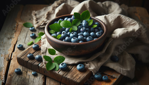 Ripe blueberries in a rustic bowl with green leaves on a wooden table.