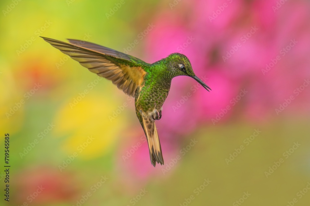 Fototapeta premium Buff-tailed Coronet (Boissonneaua flavescens), Best humminbird in Ecuador. Wildlife scene from nature. Birdwatching in South America, humminbird in flight, pastel background 