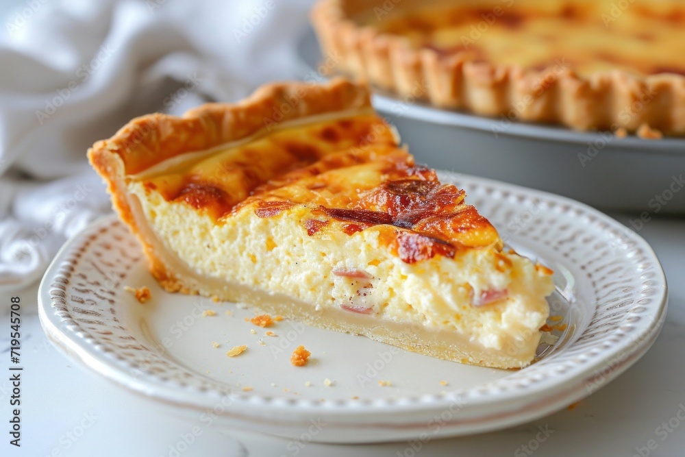 Close-up of Quiche Lorraine slice with bacon, onion and chicken eggs. Baked custard dough served on white plate. Classic recipe of traditional French pie.