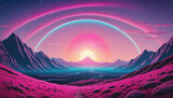 Neon fantasy art of a man in a spacesuit stepping through a pink portal in a starry space landscape, featuring retro stripes and vibrant colors reminiscent of the 80s.