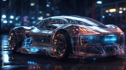 transparent futuristic sports car on neon highway lights on street. Powerful acceleration of a supercar with colorful lights trails. Generative AI