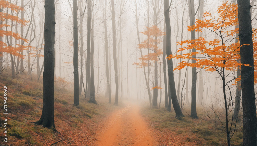 Obraz premium Autumn scene with misty orange forest trees.