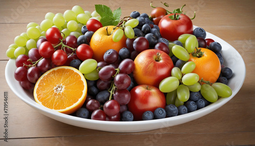 Artificial intelligence created a variety of fresh fruit bowls filled with grapes  apples  tomatoes  oranges  blueberries  and cranberries