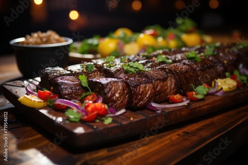 Skirts of juicy picanha  on a rustic wood plate  in a country restaurant.  generative IA
