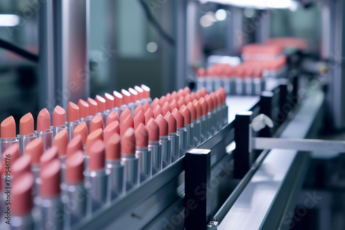 A focused shot of a cosmetic production line featuring rows of lipsticks in pink tones, set against the blur of machinery. manufacturing environment, industry-related promotions.