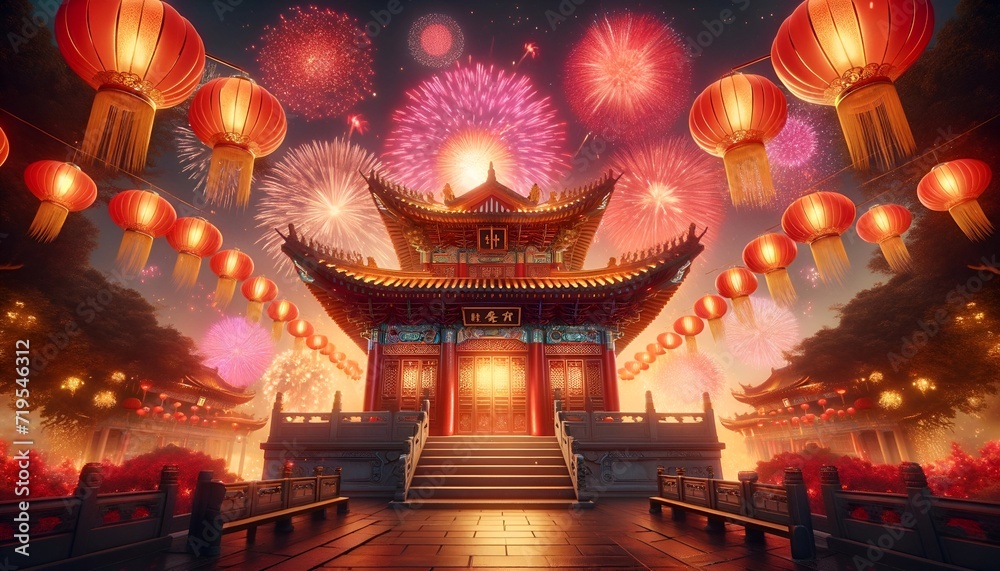 Lunar new year celebration background with temple and fireworks. Lunar new year celebration background with temple and fireworks.