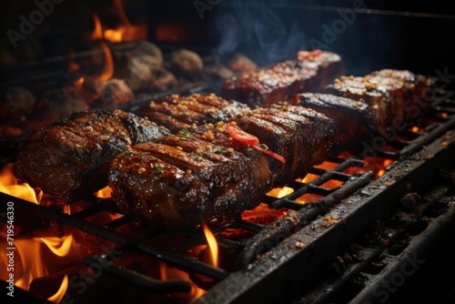 Grilled meat fillet in scorching barbecue grill generated by, generative IA