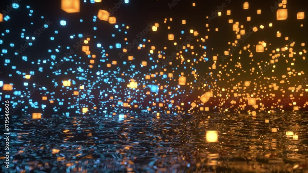 Flying orange boxes in the sea. Block chain, data transfer, Bitcoin Network, Digital structures, Production Line, Quantum Computing, Cloud Computing, Web Service. 3d animation, 4K