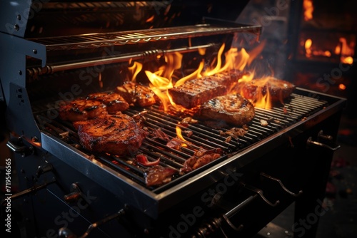 Barbecue grill empty steel barbecue with sparks of flaming fire and black smoke cooking ..., generative IA