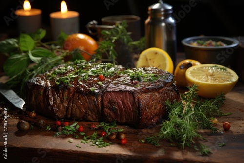 Grilled succulent fillet mignon with butter on the rustic wooden table with vegetables there generative, generative IA