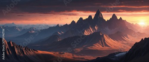 3d render. Fantasy landscape of black rocky mountains under the sunset sky. Abstract panoramic background. © SR07XC3
