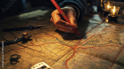 A detective poring over a vintage map of the city, tracing the path of a serial killer's twisted spree with a red marker, as the city's landmarks and streets become a labyrinth of photo