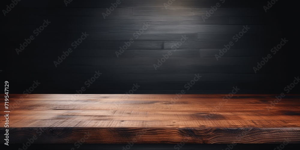 Textured wooden table top against a dark interior background for showcasing products or designing visuals.