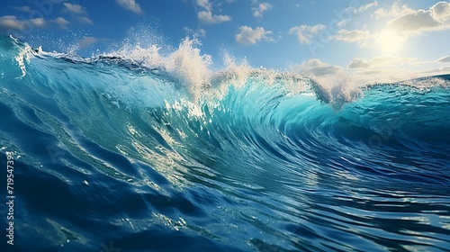 Blue ocean wave with splashes and sun. 3d render illustration photo