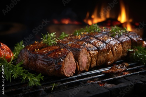 Brazilian picanha on the grilled barbecue in coal with wood bottom and fire, generative IA