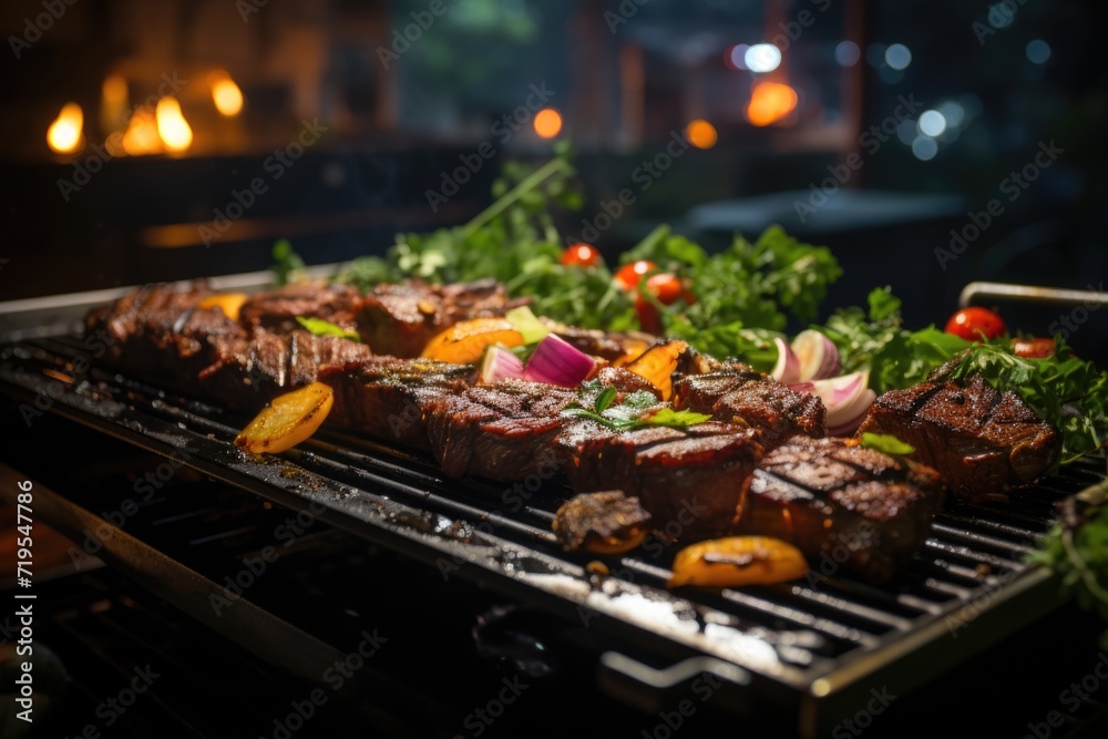 Grilled picanha perfection, in a garden barbecue with charcoal barbecue and animated friends under a starry sky and a bright moon., generative IA