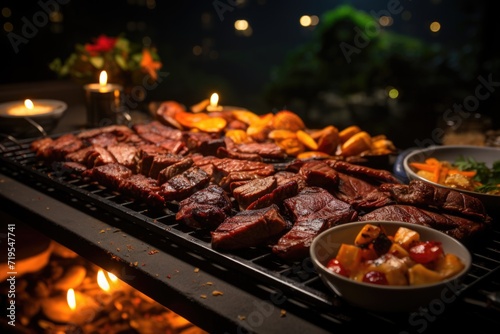 Grilled picanha perfection  in a garden barbecue with charcoal barbecue and animated friends under a starry sky.  generative IA