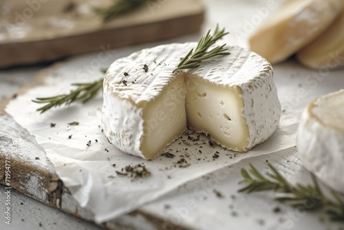 Homemade old craft goat cheese with herbs on wooden cutting board, artisanal farmers goods.