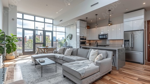 Spacious bright kitchen and living room interior in a modern luxury apartment. White facades, kitchen island with bar stools, built-in home appliances, large sofa, panoramic windows with city view. © Georgii