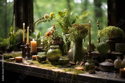 Druids celebrate harvest under Gaia. Natural offerings, serenity., generative IA