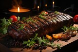 Grilled picanha with fresh herbs, in a barbecue in the backyard with rocking chairs and a garden., generative IA