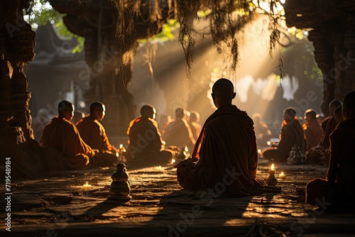 Monks meditate under ancient temple trees, shadows and serenity., generative IA
