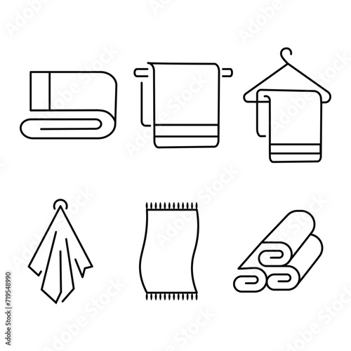Hotel bath towel icons. Stacked textile fabric  fluffy roll for spa and kitchen  vector illustration of folded and hanging items for bathroom isolated on white background 