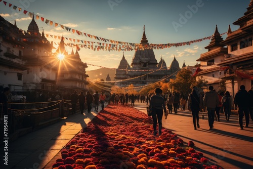 Faithful circulate colorful Stupa in a religious ceremony under radiant sun., generative IA