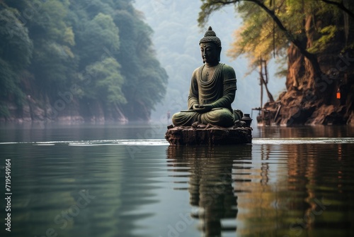 Colossal Leshan Buddha  Serenity carved in the mountains.  generative IA