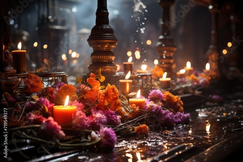 Hindu ceremony: Devoted faithful in temple, offerings and mantras., generative IA